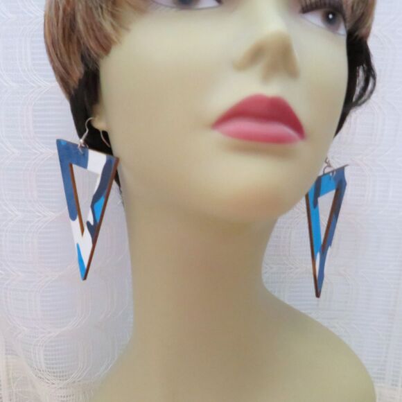 Inverted Triangle Blue Camo Dangle Earrings For Women 4 Inches - Picture 6 of 8